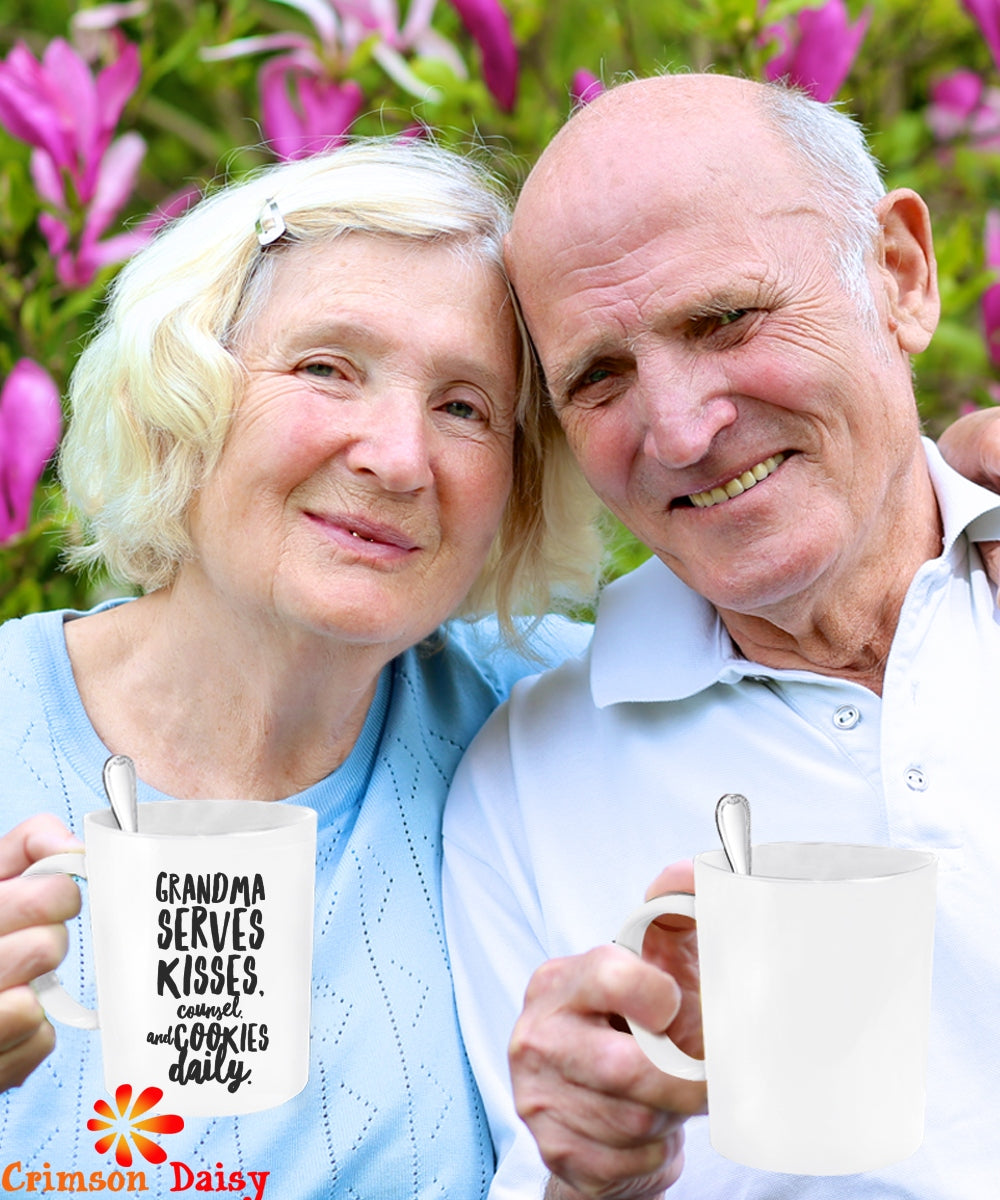 Grandma Serves Kisses Counsel and Cookies Daily Coffee Mug,Birthday Christmas Unique Gift Idea For Granny Grandma