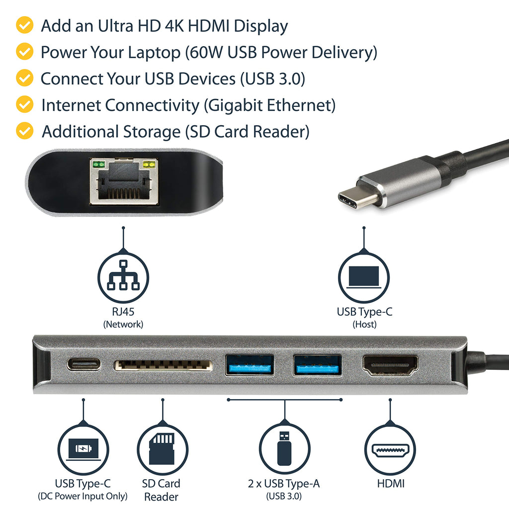 USB-C Multiport Adapter with HDMI - 4K - Mac / Windows - SD Card Reader - USB C to USB 3.0 Hub - 2x USB-A 1x USB-C - 60W PD 3.0